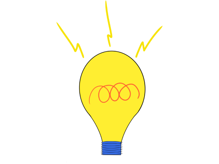 Illustration of a yellow light bulb with a blue base, featuring three red coils in the center resembling a filament. The light bulb is emitting four jagged yellow lines from the top, suggesting the emission of light or energy. The background is transparent.