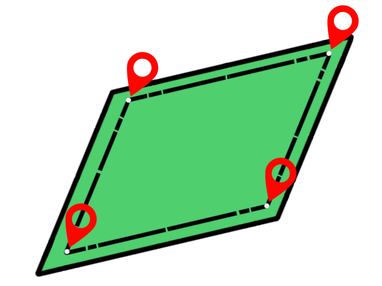 A stylized graphic of a green quadrilateral with dashed lines along the edges, suggesting a map or plot of land. There are four red location markers at each corner, each with a white circle containing a red pin symbol, indicating points of interest or locations. The background is transparent, denoted by a gray and white checkered pattern.