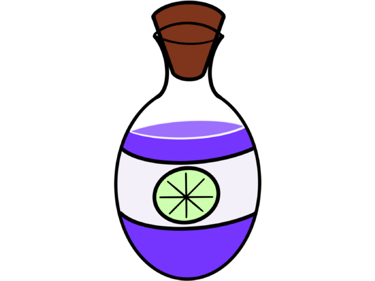 Illustration of a transparent glass potion bottle with a brown cork. The bottle contains a purple liquid with a white label in the center, featuring a green cross or asterisk symbol.