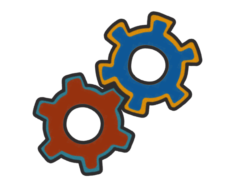 Two interlocking gears in a configuration that suggests motion and interaction. The gear on the right is blue. They are set against a transparent background, which allows them to be placed over any image or color seamlessly.