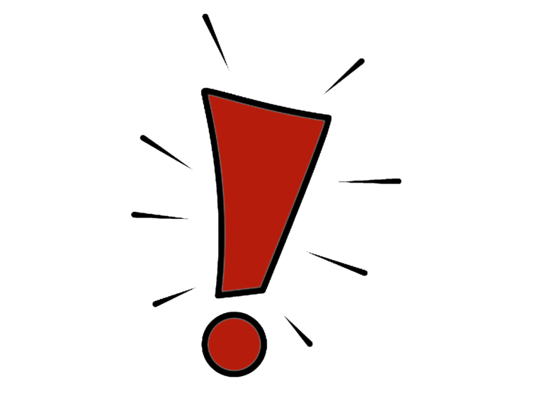 An illustration of a red exclamation mark with a bold outline, featuring a triangular upper part and a circular dot below, set against a transparent background. The exclamation mark is stylized with lines radiating outward to represent shining or flashing, suggesting urgency or attention-grabbing.