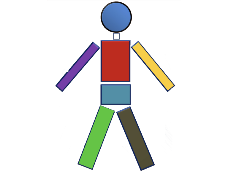 A digital illustration of a simplistic, geometric human figure composed of various shapes and colors. The figure has a blue circular head, a red rectangular torso with a smaller blue rectangle at the bottom, purple and yellow rectangular arms, and green and brown legs that are also rectangular. The background is transparent.