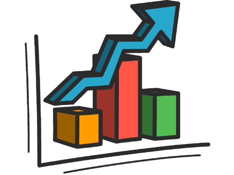 A stylized bar graph with three bars in different colors: orange, red, and green. Above the bars, there is a blue arrow with a jagged line that ascends above the highest bar and points upwards to the right, indicating an increasing trend. This image could be relevant for discussions about data visualization, growth trends in business or economics, or any context where showing improvement or increase is necessary.