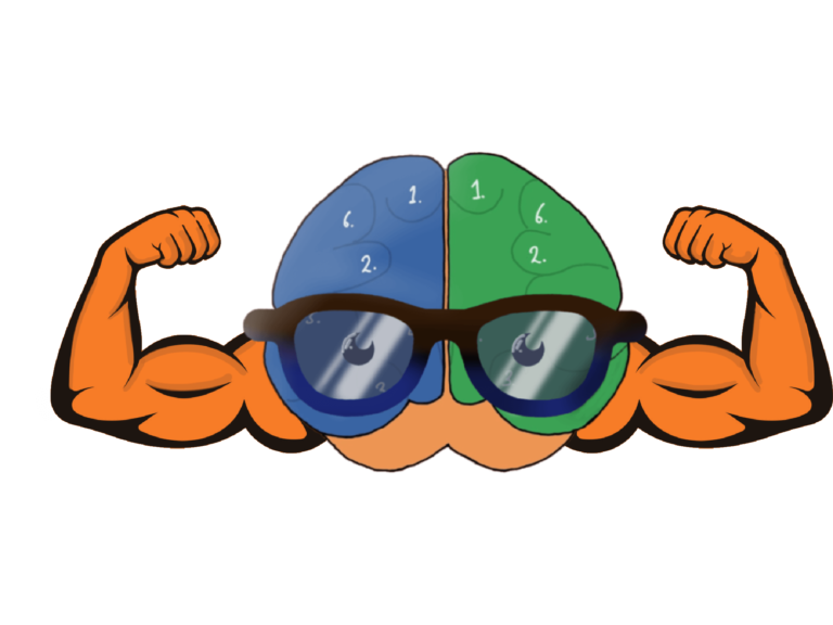 Illustration of a pair of flexing muscular arms with an overlay of a Venn diagram on the biceps. The left side of the Venn diagram is blue with numbers 1 to 4, and the right side is green with numbers 1 to 6. Both arms are wearing black sunglasses, and the background is transparent.