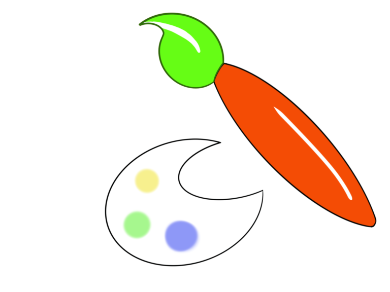 A digital illustration of a paintbrush with an orange handle and green bristles, positioned above a white palette with a crescent moon shape. The palette has four circular spots of paint in yellow, green, blue, and purple. The background is transparent.