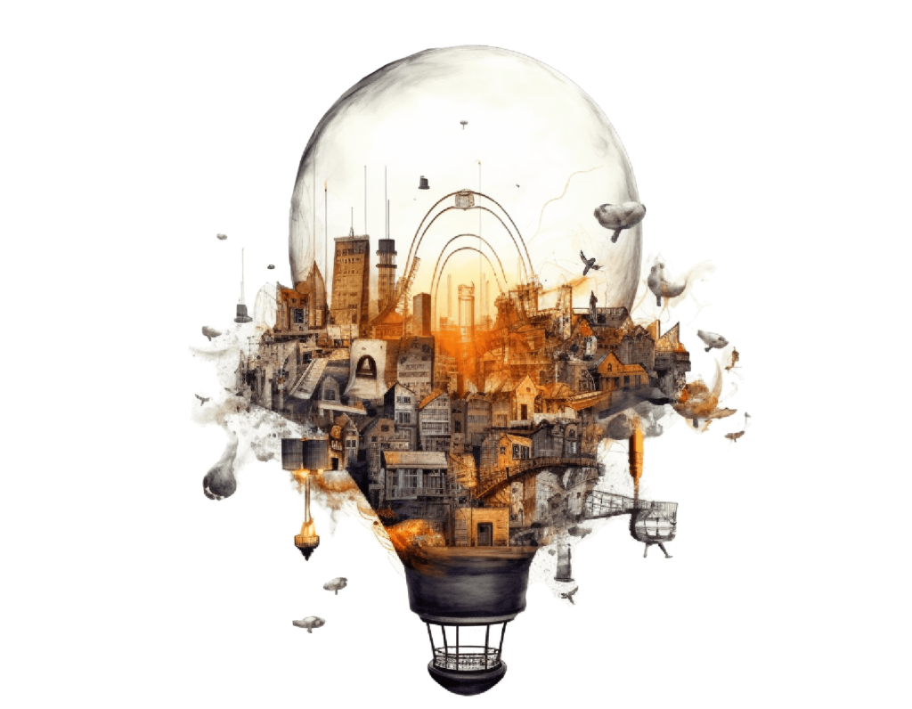 A creative digital artwork depicting a light bulb with an intricate cityscape within it. The city is composed of various buildings, towers, and arches in a sepia-toned palette, suggesting an old-world feel. Birds are flying around the bulb, and puzzle pieces are floating away from it, indicating the incomplete or developing nature of ideas. The background is transparent.