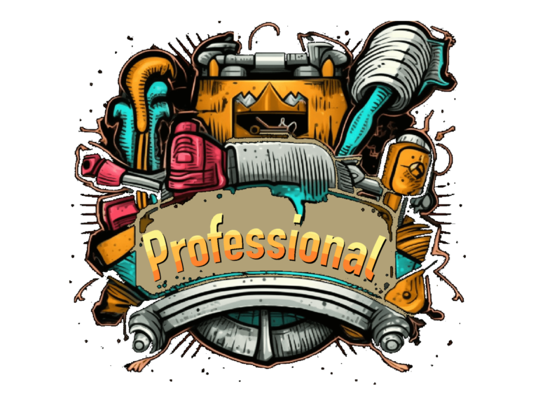 A colorful and detailed graphic featuring a variety of tools and objects arranged in a symmetrical layout around a central banner that reads ‘Professional’. The tools include a wrench, hammer, screwdriver, pliers, and paintbrush, all stylized with a rugged, mechanical look. The background has gear elements and there are decorative flourishes like wings and lightning bolts adding to the dynamic feel of the image.