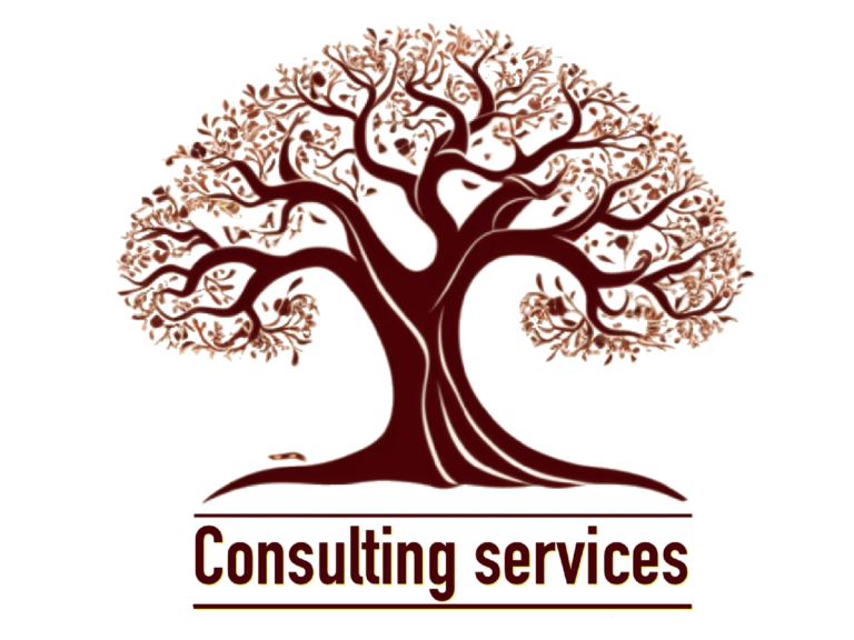 “Logo featuring a stylized tree with intricate branches and leaves in shades of brown, set against a transparent background. Below the tree, the words ‘Consulting services’ are written in a bold, serif font.