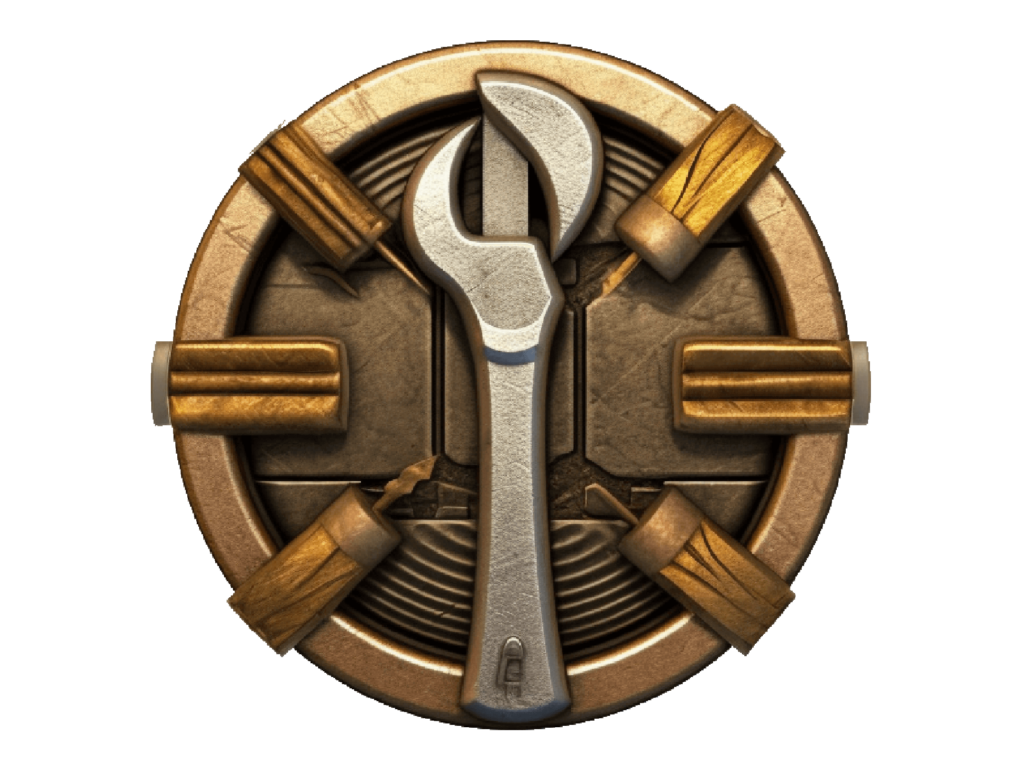 A circular emblem with mechanical and industrial motifs, featuring a central silver wrench on a textured brown background, is surrounded by four golden hammers angled towards it, all encased within a gear-edged circular border.