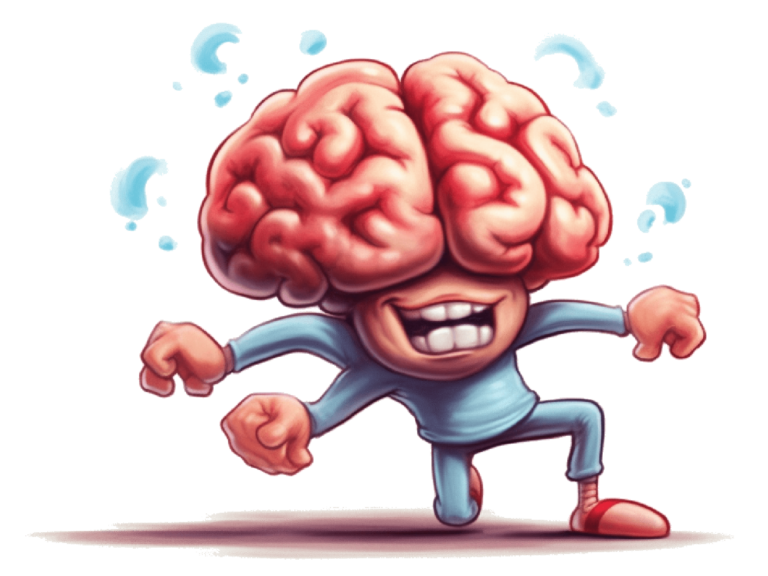 Illustration of a stylized human brain with arms and legs, wearing red shoes and a blue shirt. The brain character is depicted in a dynamic pose with a wide smile, suggesting movement or dancing. Transparent blue accents around the brain imply motion or activity.