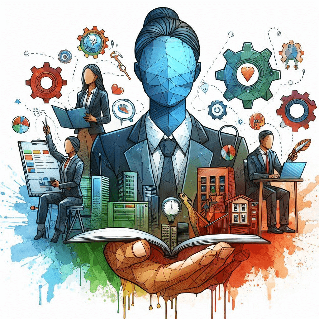 A colorful illustration featuring a polygonal man in a suit with various business and technology-themed graphics surrounding him. The man’s face is featureless, and his body is composed of blue geometric shapes. Around him are imagery of gears, graphs, a globe, buildings, and people engaged in different business activities such as presenting data and working on laptops. An open book rests in the foreground with a small figure seated at a desk.