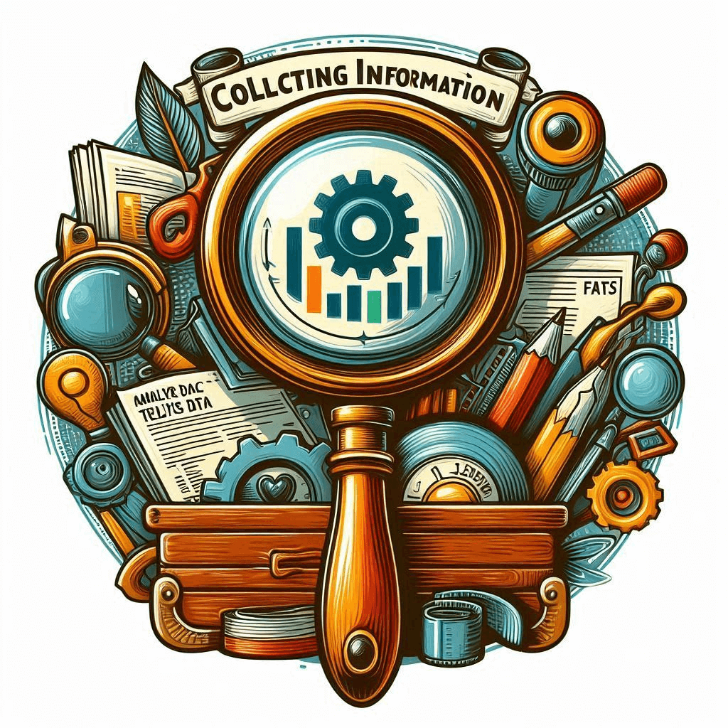 Illustration of a magnifying glass centered over a collection of various objects and elements symbolizing information gathering. The objects include books, documents, gears, graphs, a globe, test tubes with labels “FATS” and “ANALYZE-DATA-TESTS-DATA”, pencils, and a feather quill. The magnifying glass focuses on a bar graph within its lens.