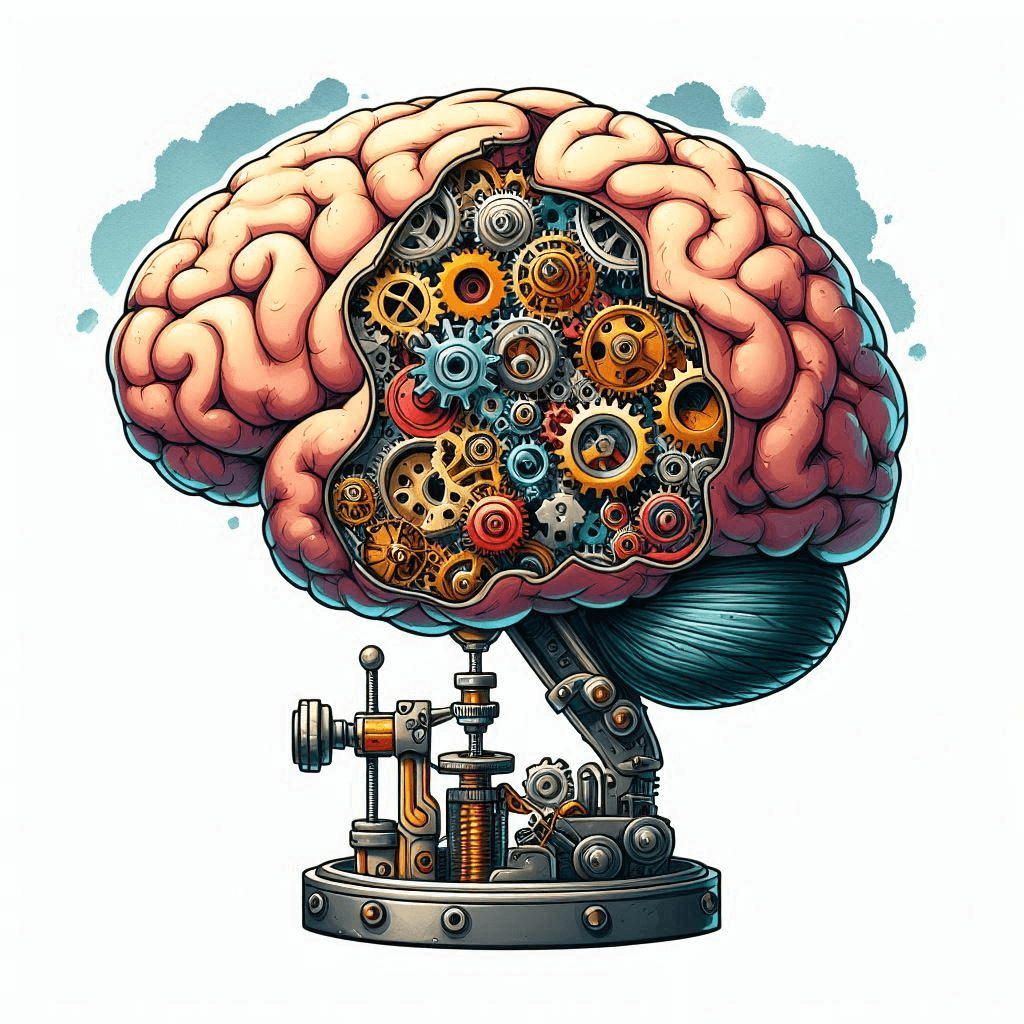 Illustration of a mechanical brain with gears and cogs.