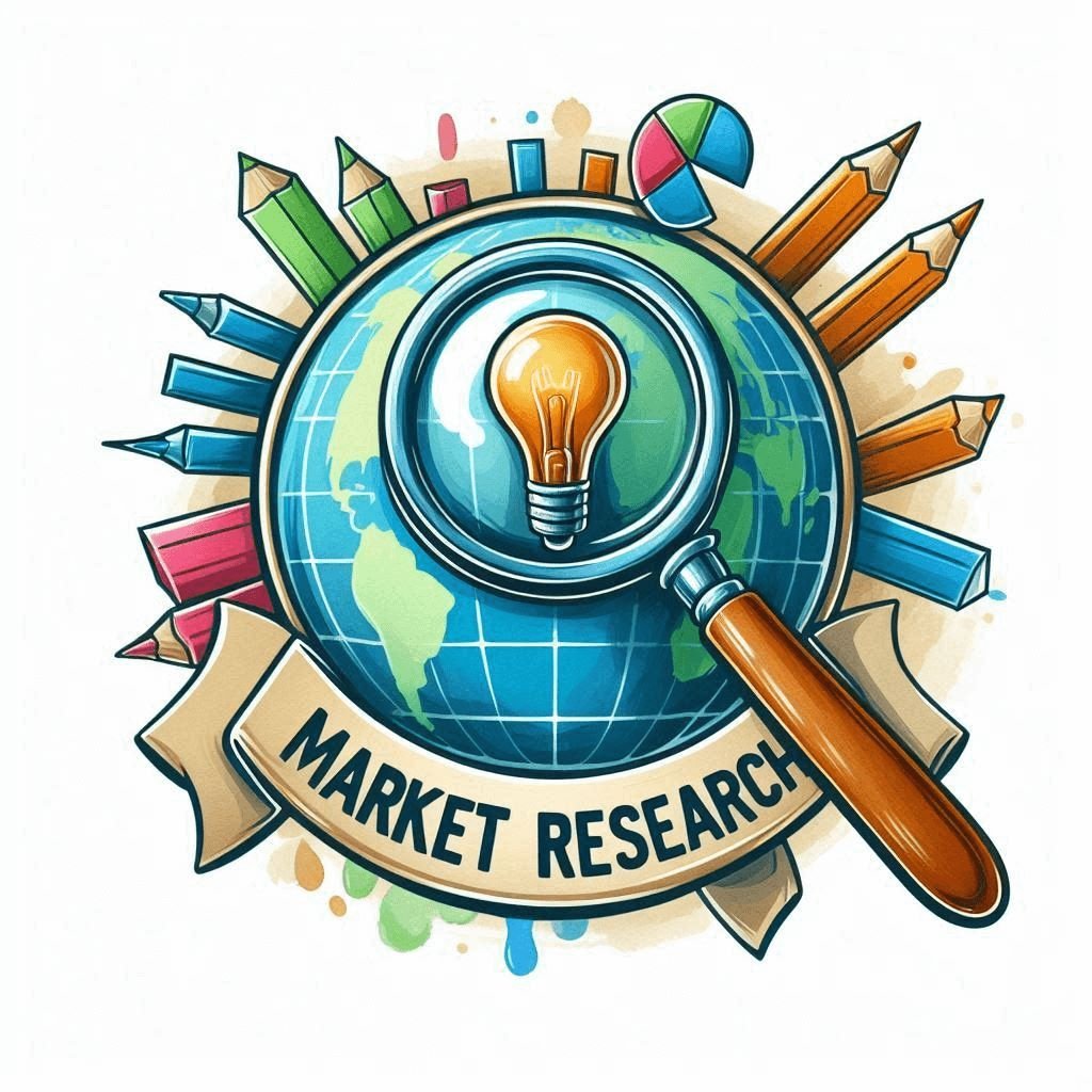 Colorful illustration of market research concept with a magnifying glass, globe, light bulb, and art supplies.