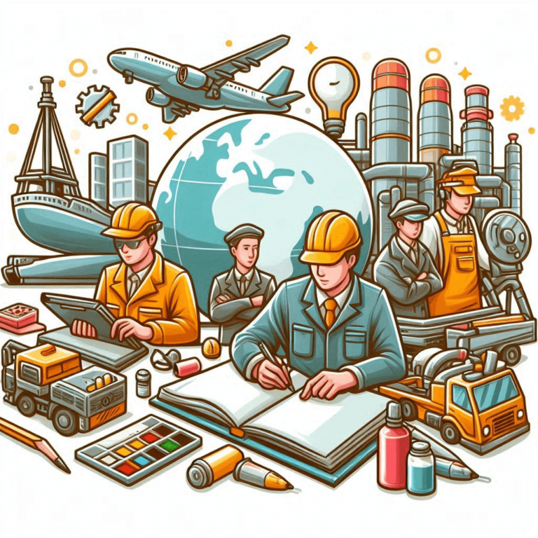 Illustration of engineering and transportation elements, including an airplane, ship, machinery, and test tubes.