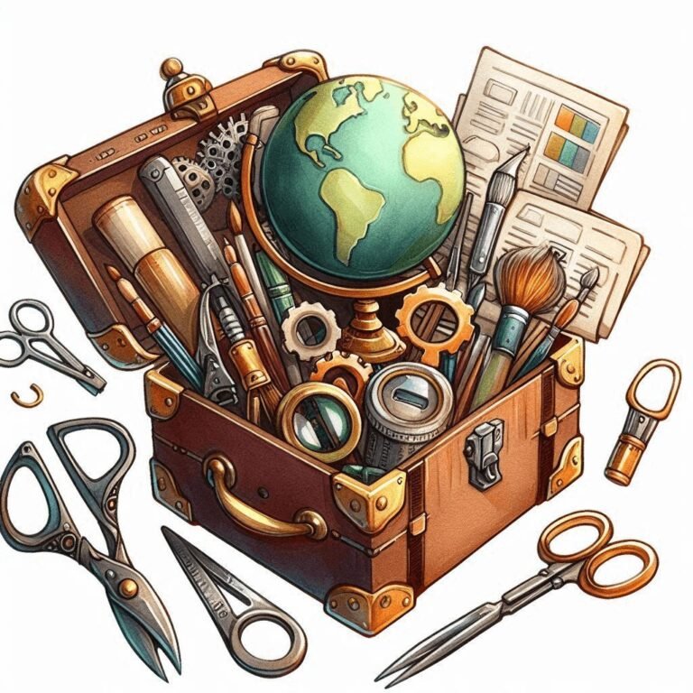 Illustration of an open, brown leather suitcase overflowing with various tools and objects representing different professions and skills. A prominent globe is at the center, surrounded by items such as a paintbrush, scissors, gears, a magnifying glass, pencils, a ruler, and documents.