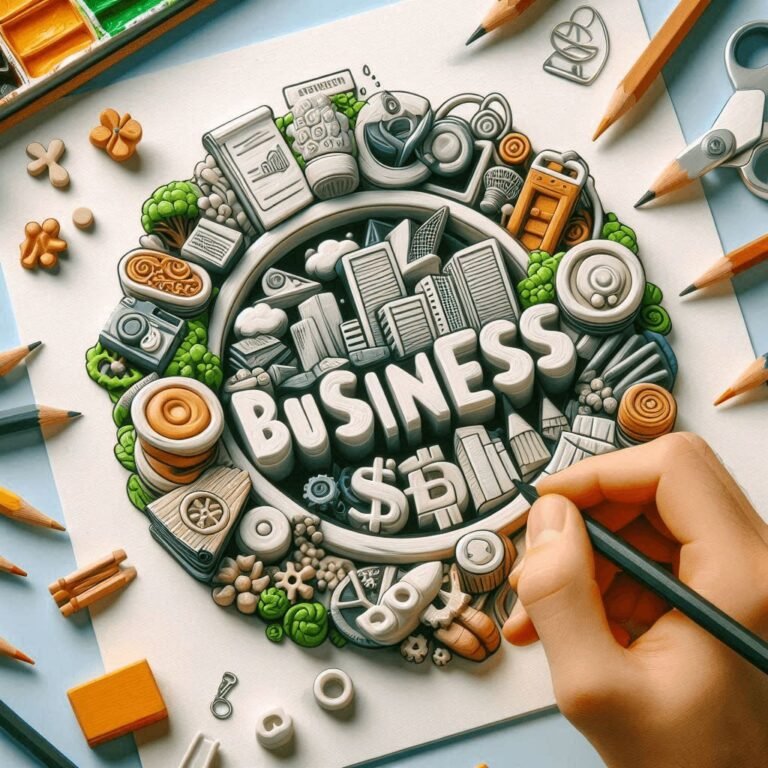 Hand-drawn illustration of business concepts with the word ‘BUSINESS’ at the center surrounded by symbols of finance, industry, and innovation.