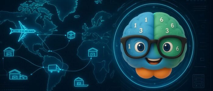Cute 3D cartoon brain with glasses, numbers on it, smiling, set against a digital world map with supply chain icons like warehouses, airplane, and truck.